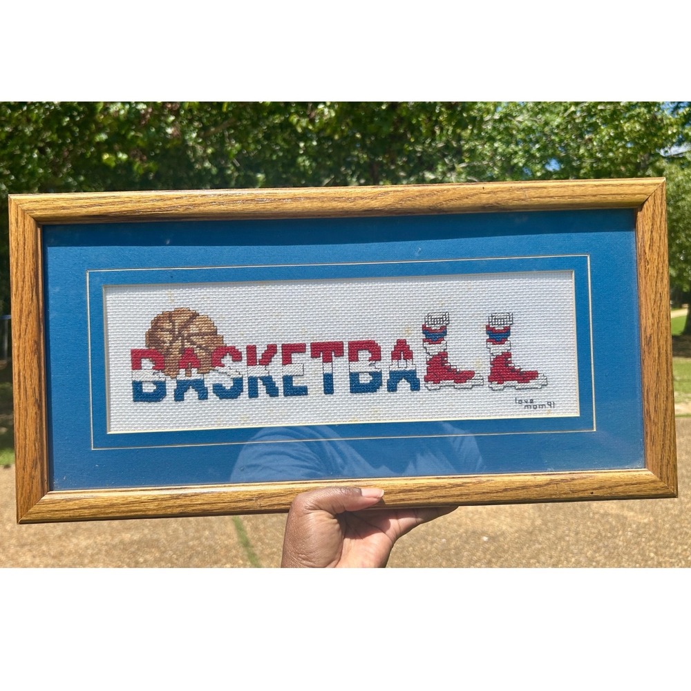 Handmade Basketball Cross Stitch Framed Art 16x8 Blue Red Wood 90s Vintage‎ Good